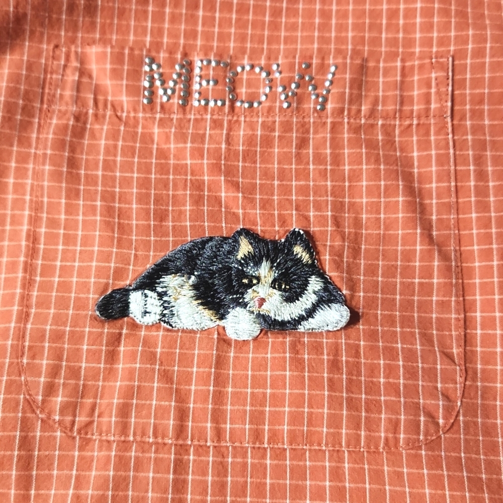 Vintage Bobbie Brooks Orange Gingham Cat Lady Button Up Shirt 26W/28W - Picture 5 of 16